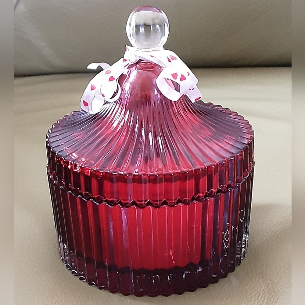 Decorware Inc. Ribbed Cranberry Covered Glass Candle Jar - Vtg